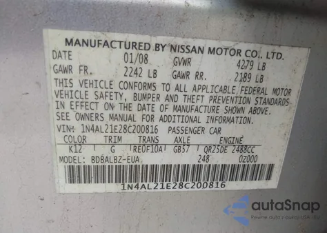 2008 Nissan Altima 2.5 S z USA, uszkodzony, nr VIN 1N4AL21E28C200816